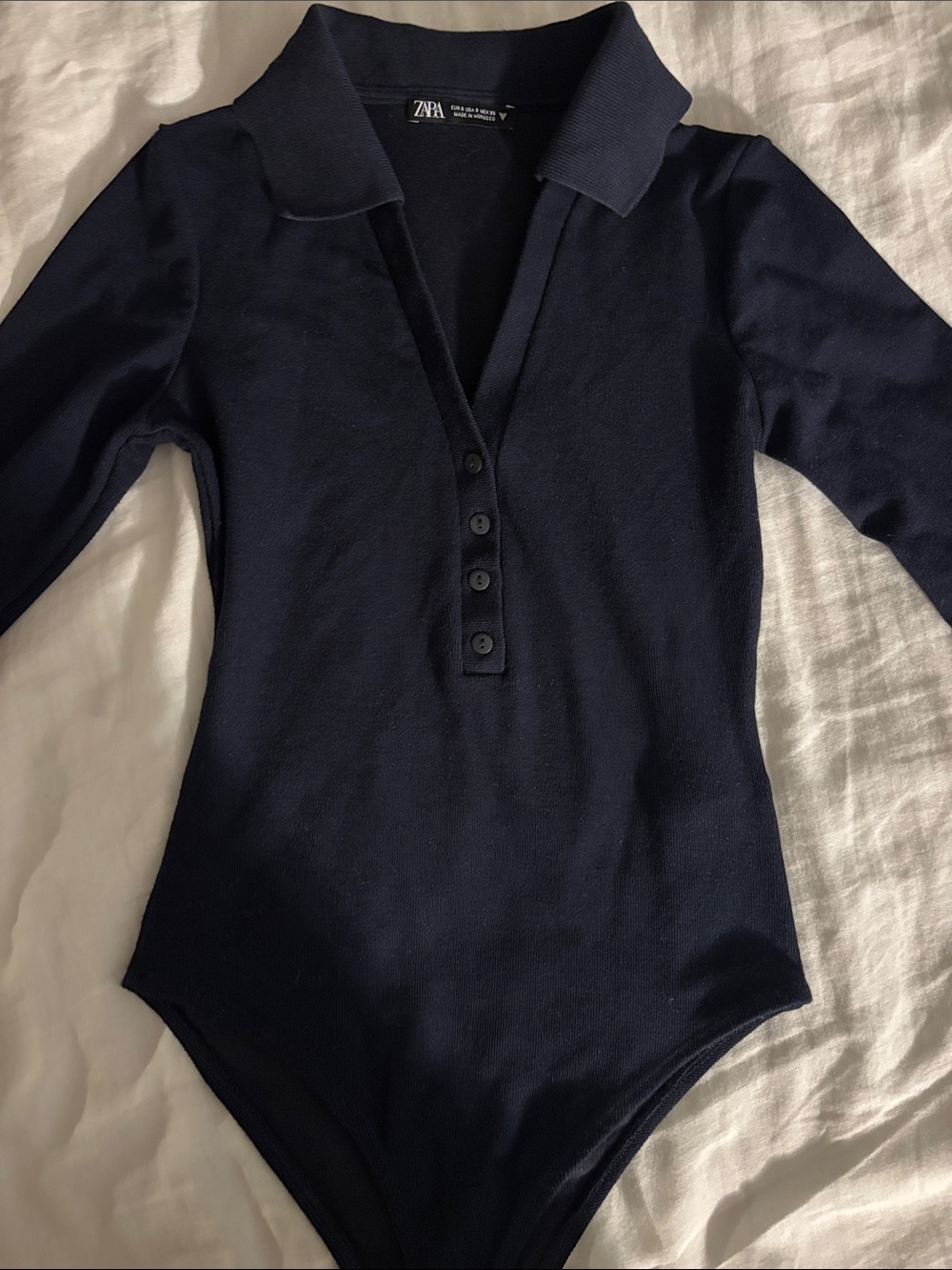 Zara Dark Navy Ribbed Polo Bodysuit with Buttons